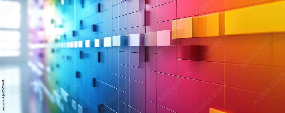 Poster a vibrant, abstract wall of colored blocks arranged in a gradient pattern, creating a dynamic visual