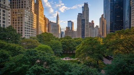 Obraz premium Urban Park Scene Surrounded by Tall Buildings and Cityscape