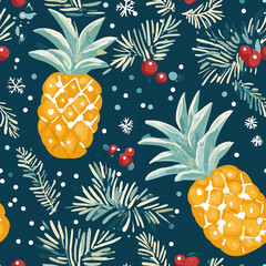 Pineapplies and snowflakes - seamless christmas pattern with snowflakes