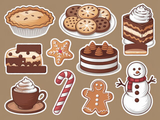 Festive dessert stickers featuring cookies, cakes, and holiday treats