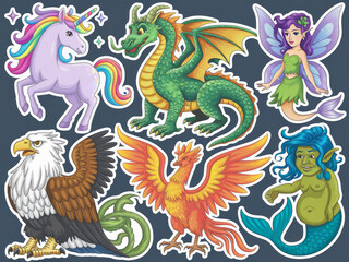 Obraz premium Vibrant fantasy creatures: unicorn, dragon, fairy, mermaid, eagle, phoenix