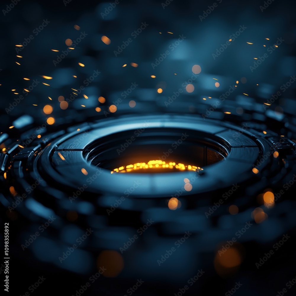 Poster futuristic circular design with glowing elements and sparks in a dark environment.