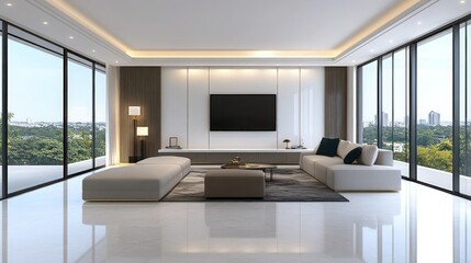 Fototapeta premium Minimalist Living Room with White Wall and Sofa, Decor Accessories - 3D Rendered Interior Design