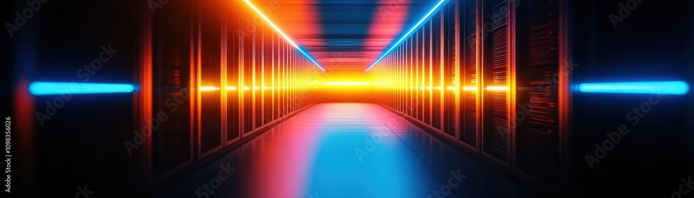 Poster futuristic corridor with vibrant neon lights creating a captivating visual experience.
