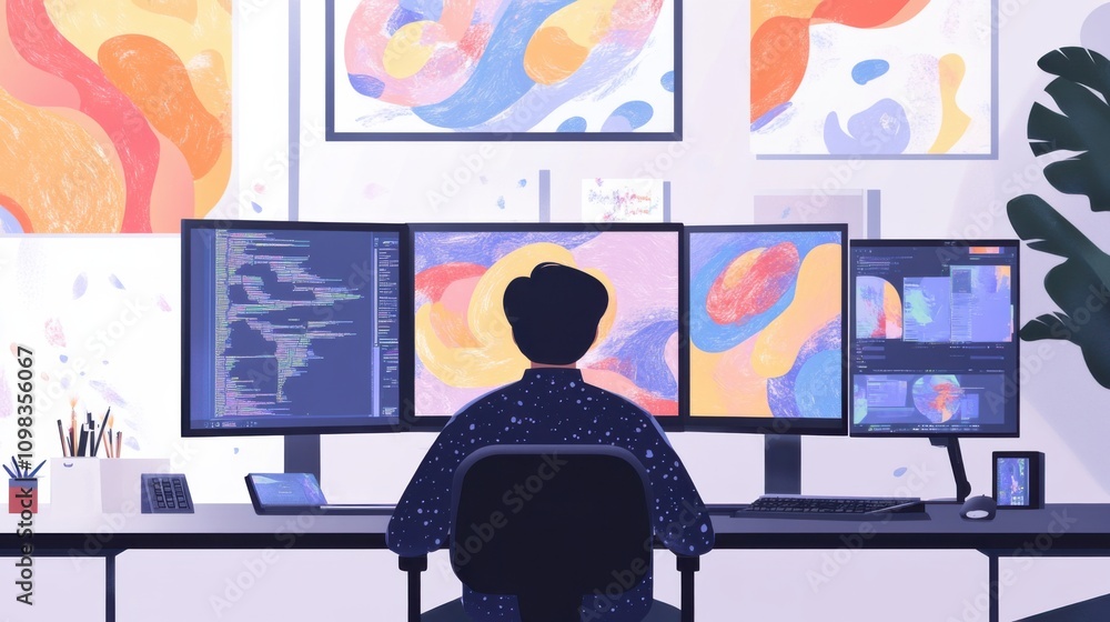 Aufkleber modern workspace with multiple monitors and art