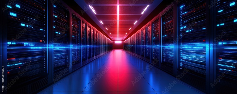 Poster futuristic data center with illuminated server racks in vibrant colors.