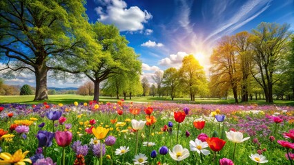 Obraz premium Colorful spring flowers blooming in a lush meadow with tall trees and a bright blue sky, greenery, trees, meadow