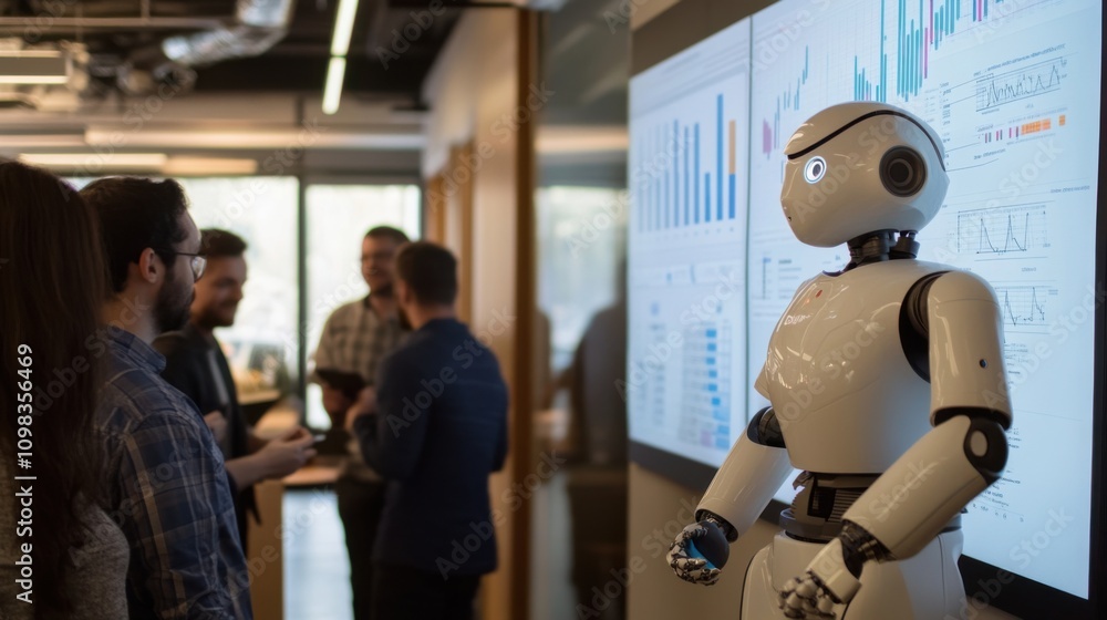 Aufkleber business meeting with robot assistant and data visualization screens