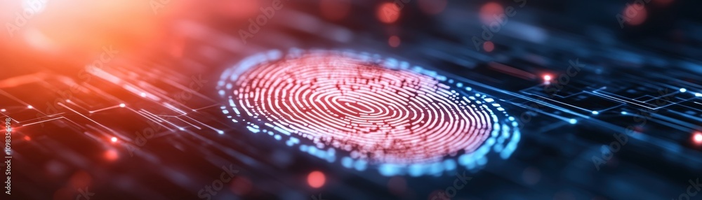 Poster futuristic fingerprint technology on a digital interface with glowing elements.