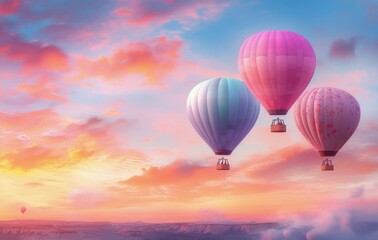 Fototapeta premium Colorful hot air balloons floating at sunset over a tranquil landscape in the countryside