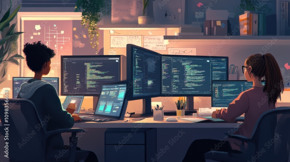 Poster two programmers collaborating in a modern office environment