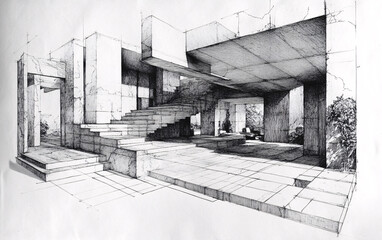 Obraz premium Architectural Line Drawings and Sketches of Interior Spaces Featuring Modern Living Rooms and Entryways in Black and White