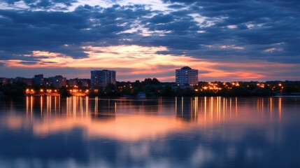 Fototapeta premium Beautiful Sunset Over City Skyline Reflected in Calm Water