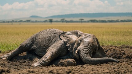 Fototapeta premium Young Elephant Relaxing in Muddy Patch on Serene Safari Landscape
