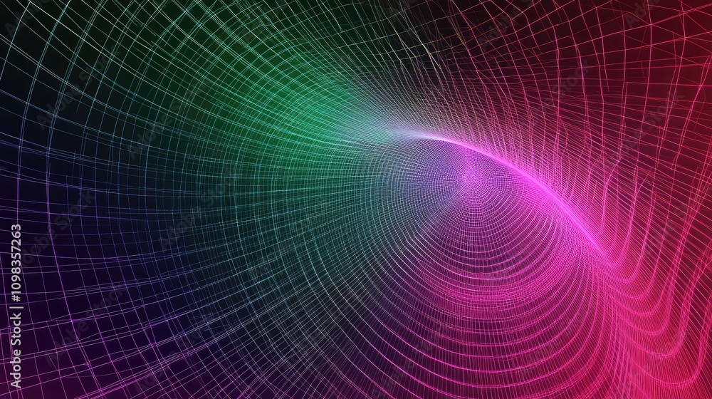 Poster circular wireframe pattern with radiating lines, simulating data flow in soft neon colors