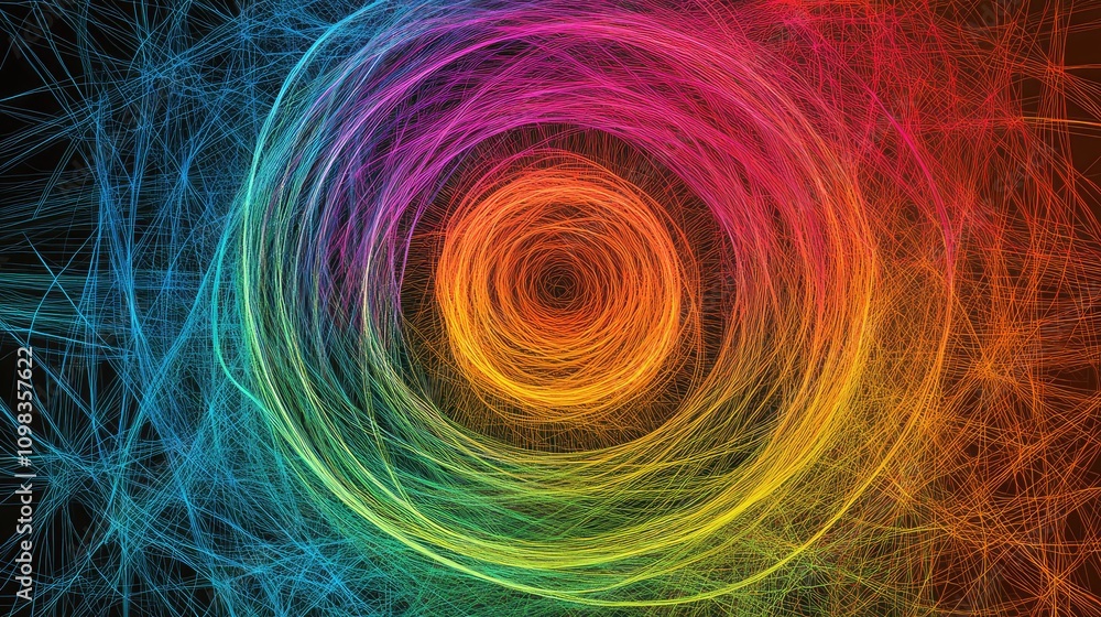 Poster circular wireframe pattern with radiating lines, simulating data flow in soft neon colors
