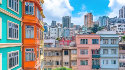 Fototapeta premium Vibrant Urban Landscape of Colorful Buildings in Hong Kong City