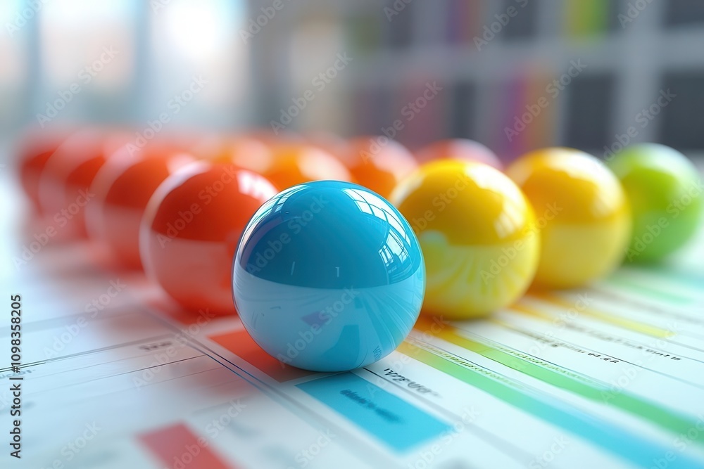 Poster a vibrant arrangement of colorful spheres on a printed chart, creating a visually appealing pattern 