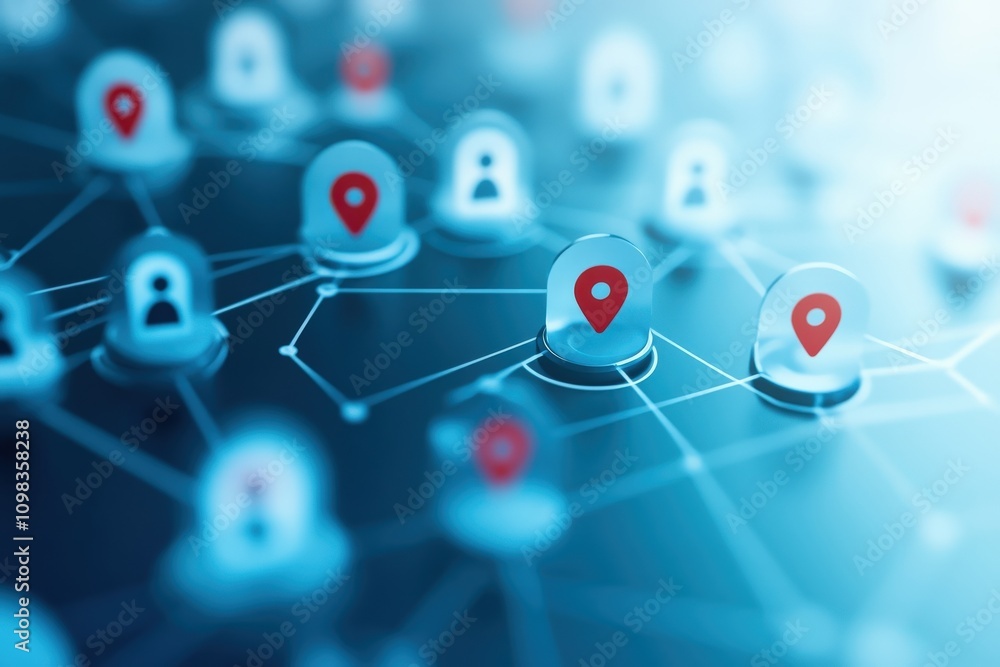 Poster illustration of secure network connections and location markers in a digital environment.