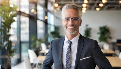 Fototapeta premium Confident mid-aged older business man executive standing in modern office, exuding professionalism and success, symbolizing leadership, experience, and positivity in the workplace