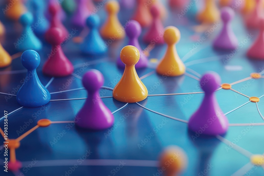 Poster colorful game pieces connected by lines on a digital surface, symbolizing networking and interaction