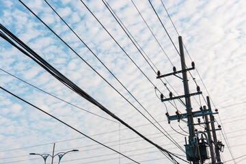 High-Voltage power lines station. High-Voltage Electric Transmission Pylon.