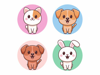 Obraz premium Adorable drawn animals set with cat, dogs, and rabbit in colorful circles