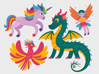 Colorful fantasy creatures: unicorn, dragon, phoenix, and fairy illustration