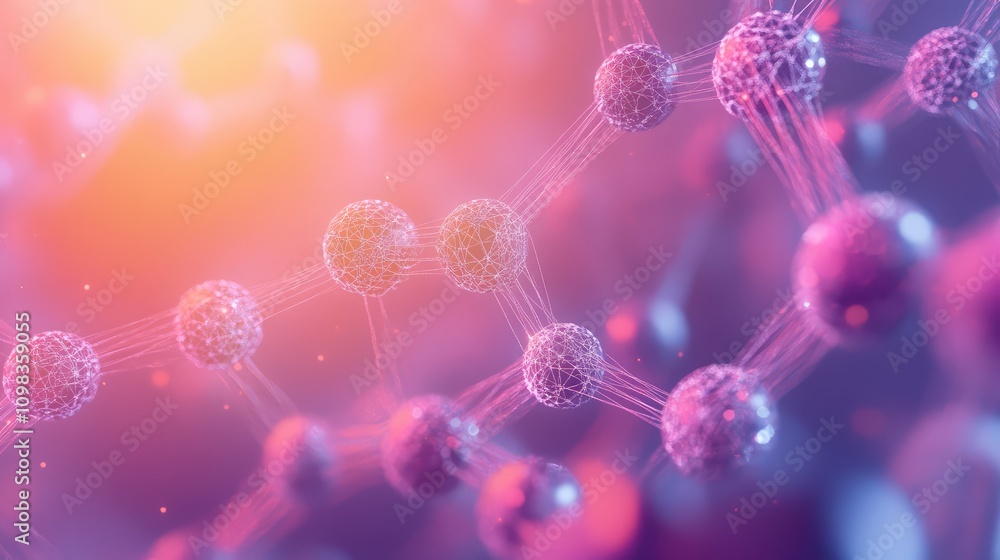 Poster close-up of digital molecular structures with soft neon glows and interconnected lines