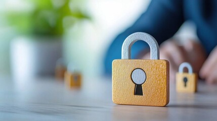 Fototapeta premium Wooden padlock on a desktop surrounded by office supplies symbolizing data protection cybersecurity and privacy in a business or work environment