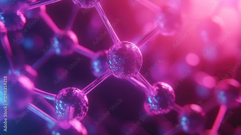Poster close-up of digital molecular structures with soft neon glows and interconnected lines