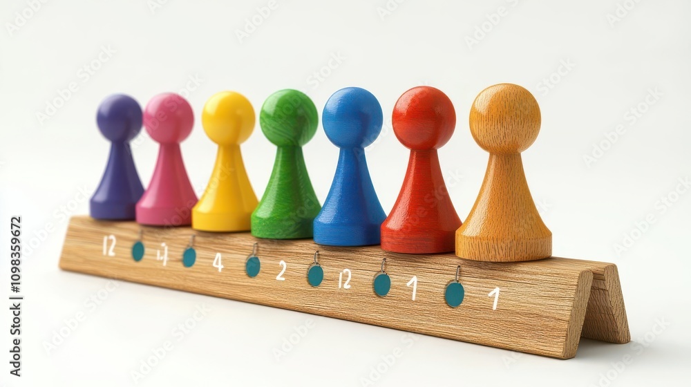 Poster colorful wooden game pieces lined up on a base with numbered markers, ideal for educational play and