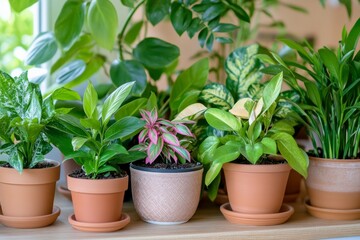 Obraz premium Colorful indoor plants arranged neatly in pots on a wooden deck during daylight
