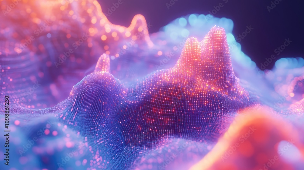 Poster close-up view of data clusters resembling microscopic cells, with neon colors and soft digital noise