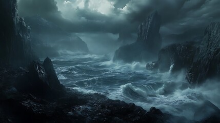 A dramatic seascape featuring turbulent waves and rocky cliffs under a stormy sky.