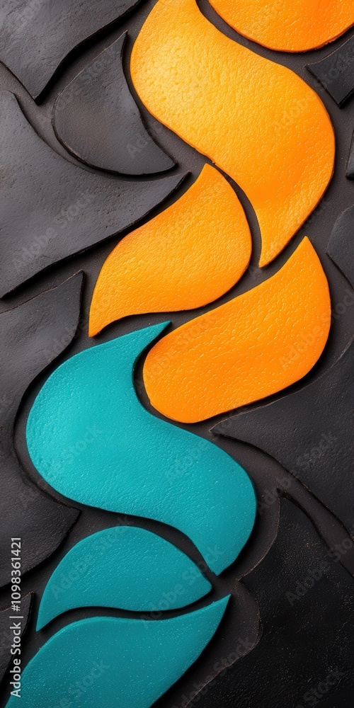Poster vibrant abstract waves in orange and teal on a dark background, creating visual intrigue.