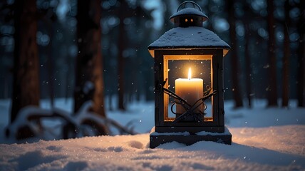 A candle is lit in a lantern in the snow