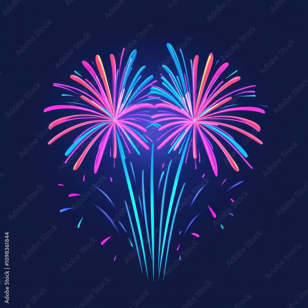 Poster vibrant fireworks display bursting in colorful patterns against a dark background.