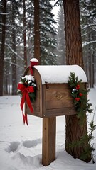 A wooden mailbox with red ribbon and green leaves on it