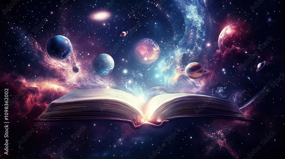 Poster an open book in space with planets and galaxies.
