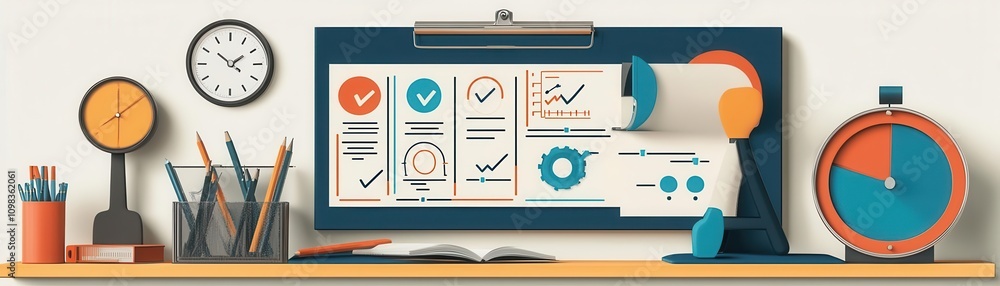 Poster a modern workspace featuring a clock, various stationery, and a visual display of charts and graphs 