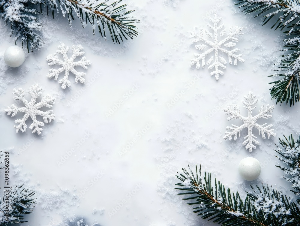 Poster winter background with snowflakes and pine branches creating a festive atmosphere.
