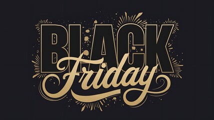 Obraz premium Modern Black Friday Sale Banner Featuring Bold Black Typography, Flowing Gold Script Reading “Friday,” and Artistic Gold Splatters for a Festive and Stylish Design