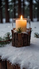 A candle is lit in a glass container on a wooden stump