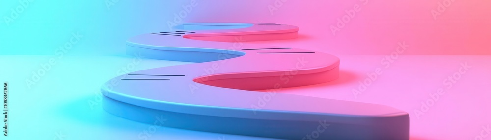 Poster a stylized, curvy object in blue and pink hues, creating a modern and dynamic visual effect.