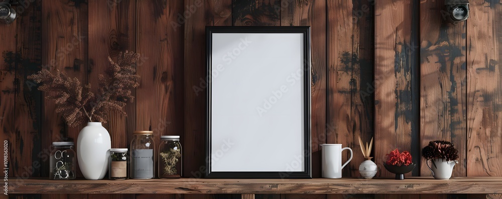Poster a minimalist shelf display featuring a blank frame and decorative items.