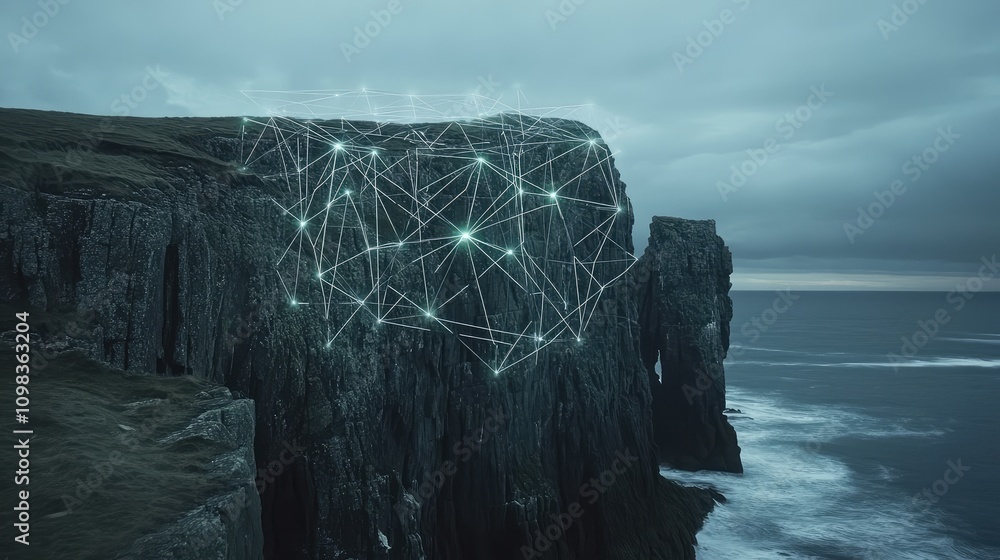 Poster coastal cliff with luminous data points connecting specific areas of the rocky face, enhancing its s