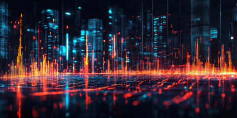 Fototapeta premium Futuristic cityscape with glowing data visualizations and vibrant colors, showcasing technology and innovation in digital environment