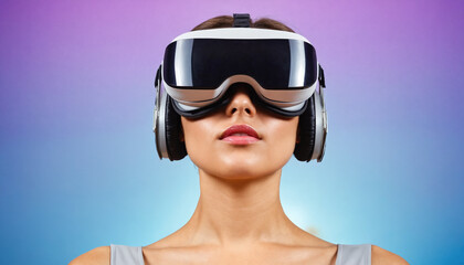 A young woman engages with cutting-edge virtual reality technology, wearing bright blue goggles that enhance her immersive experience against a vibrant pink background.