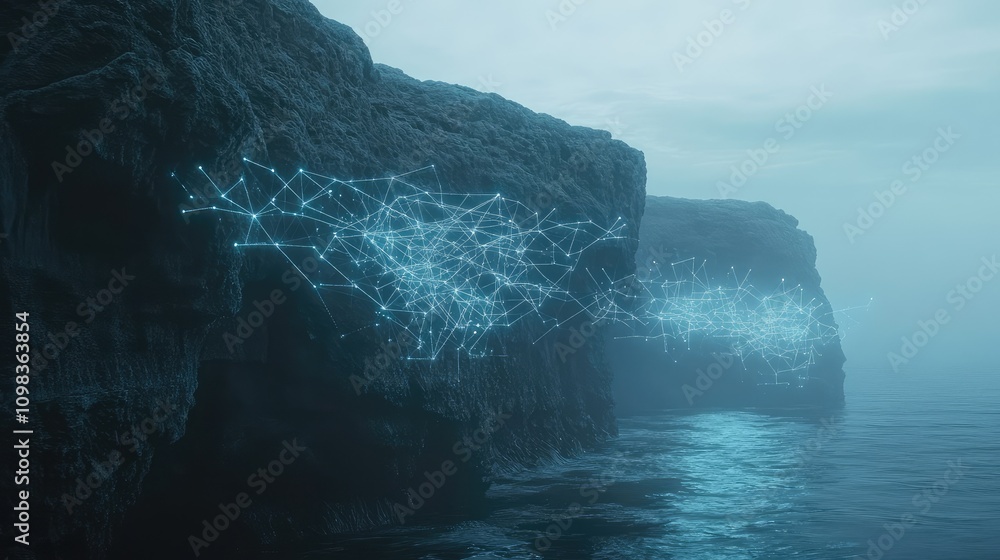 Poster coastal cliff with luminous data points connecting specific areas of the rocky face, enhancing its s